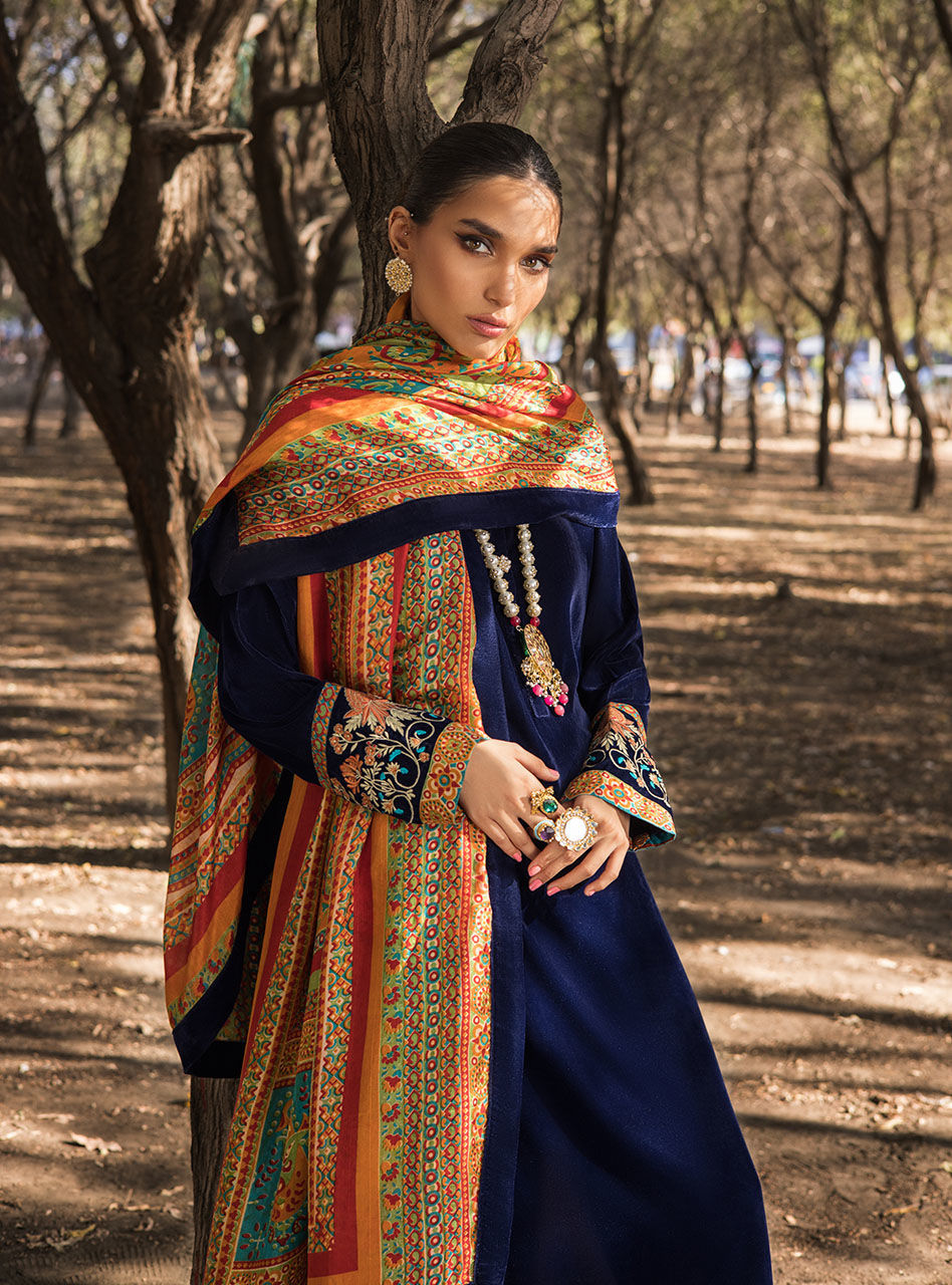 Pakistani Deep Navy Embroidered Velvet Salwar Kameez (3-Piece) - Image 7