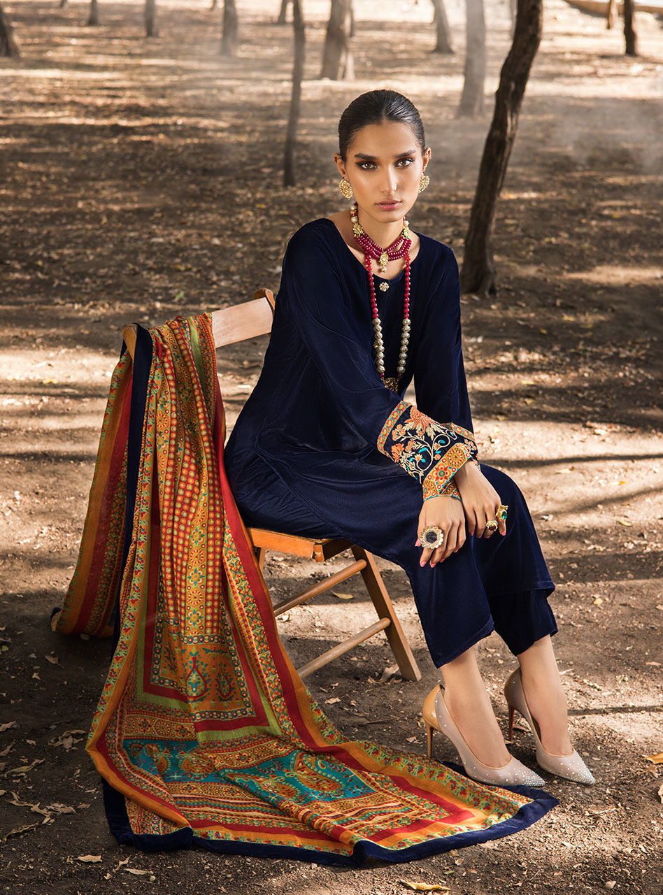 Pakistani Deep Navy Embroidered Velvet Salwar Kameez (3-Piece) - Image 9