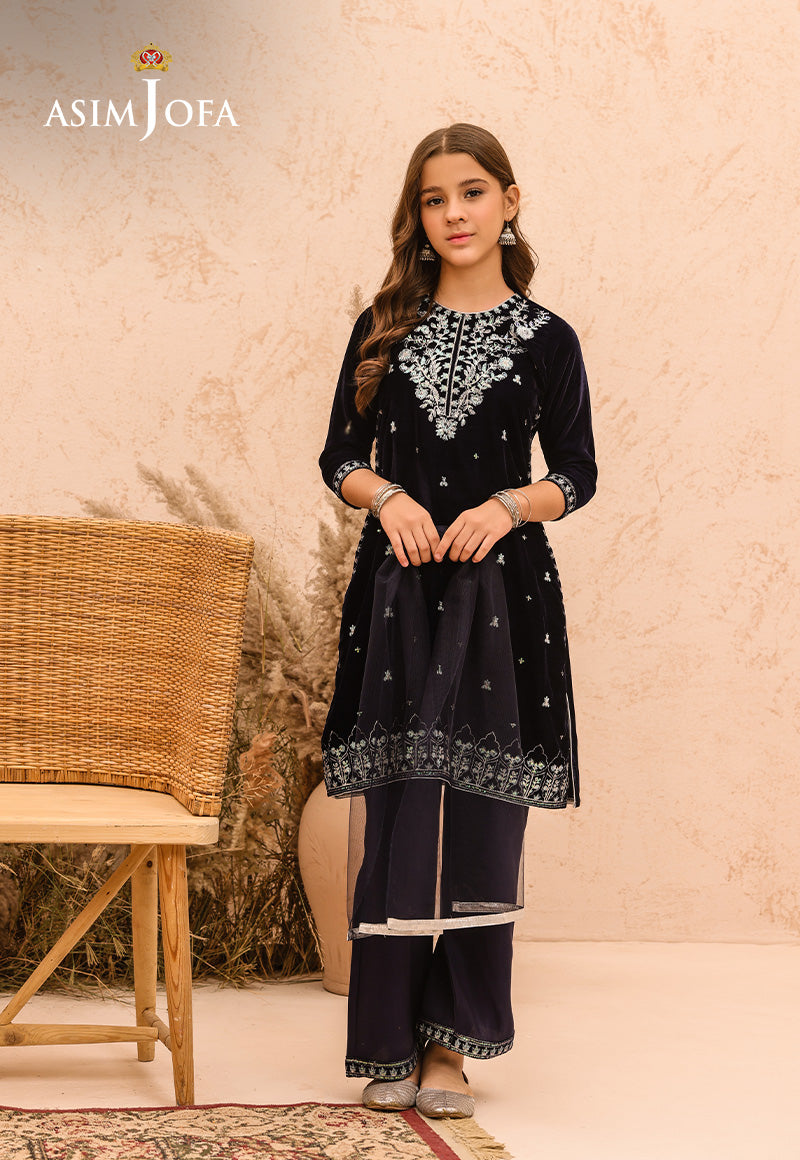 Pakistani Navy Blue Embroidered Velvet 3-Piece Suit - Image 1