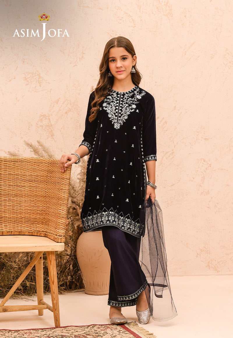 Pakistani Navy Blue Embroidered Velvet 3-Piece Suit - Image 4
