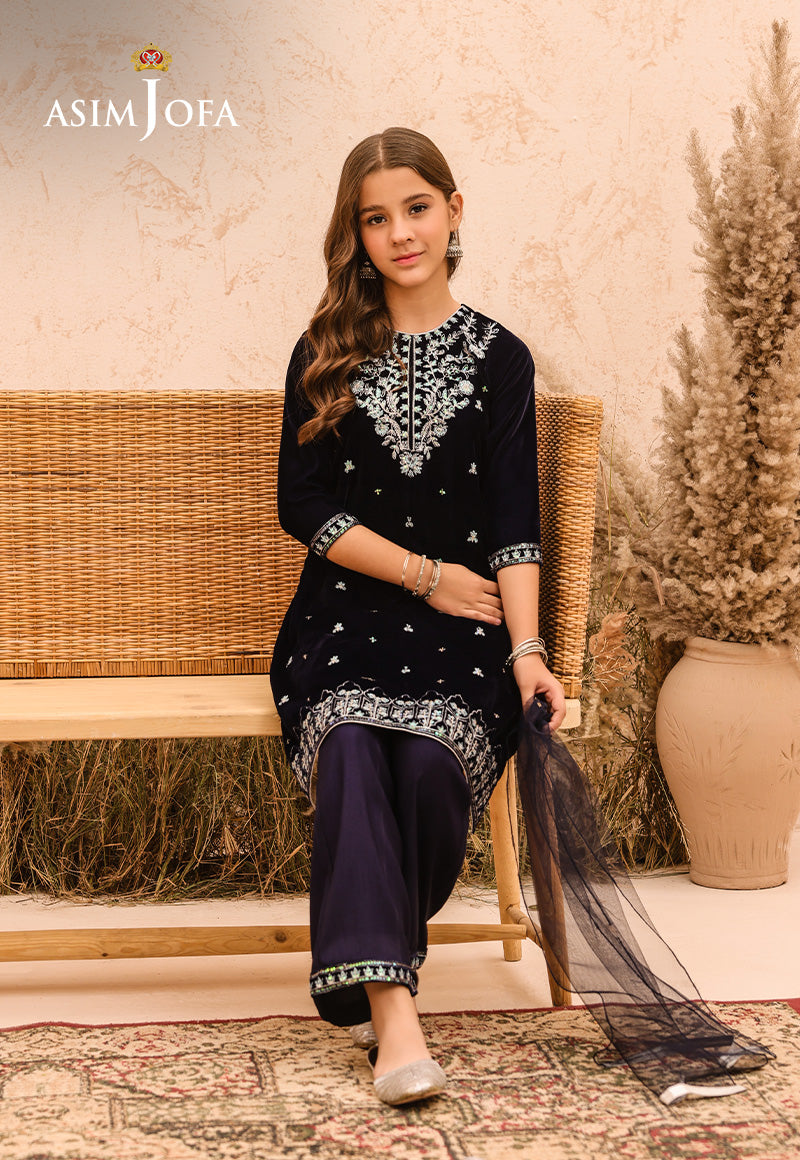 Pakistani Navy Blue Embroidered Velvet 3-Piece Suit - Image 6