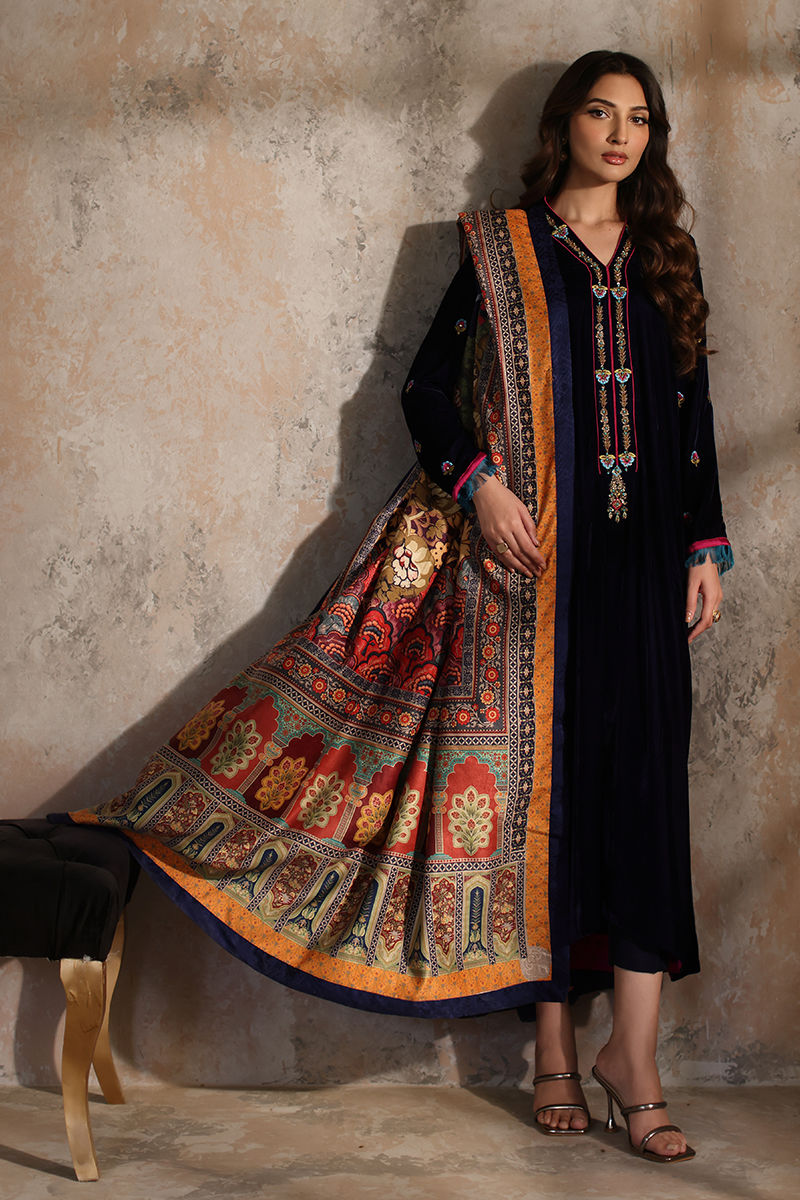 Navy Blue Embroidered Velvet Salwar Kameez (3-Piece) - Image 1