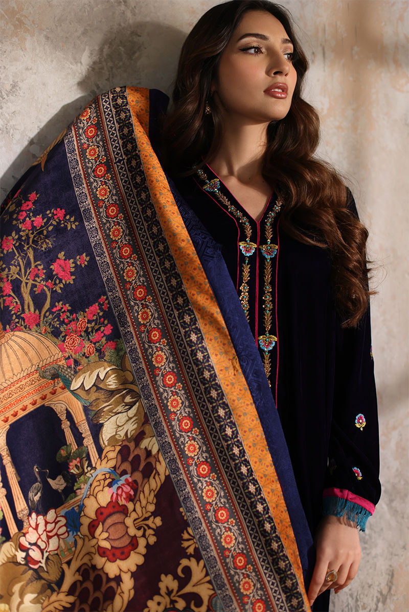 Navy Blue Embroidered Velvet Salwar Kameez (3-Piece) - Image 2