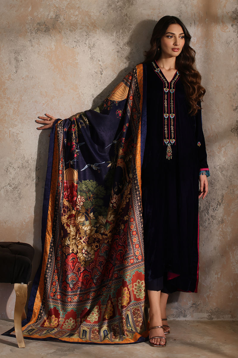 Navy Blue Embroidered Velvet Salwar Kameez (3-Piece) - Image 3