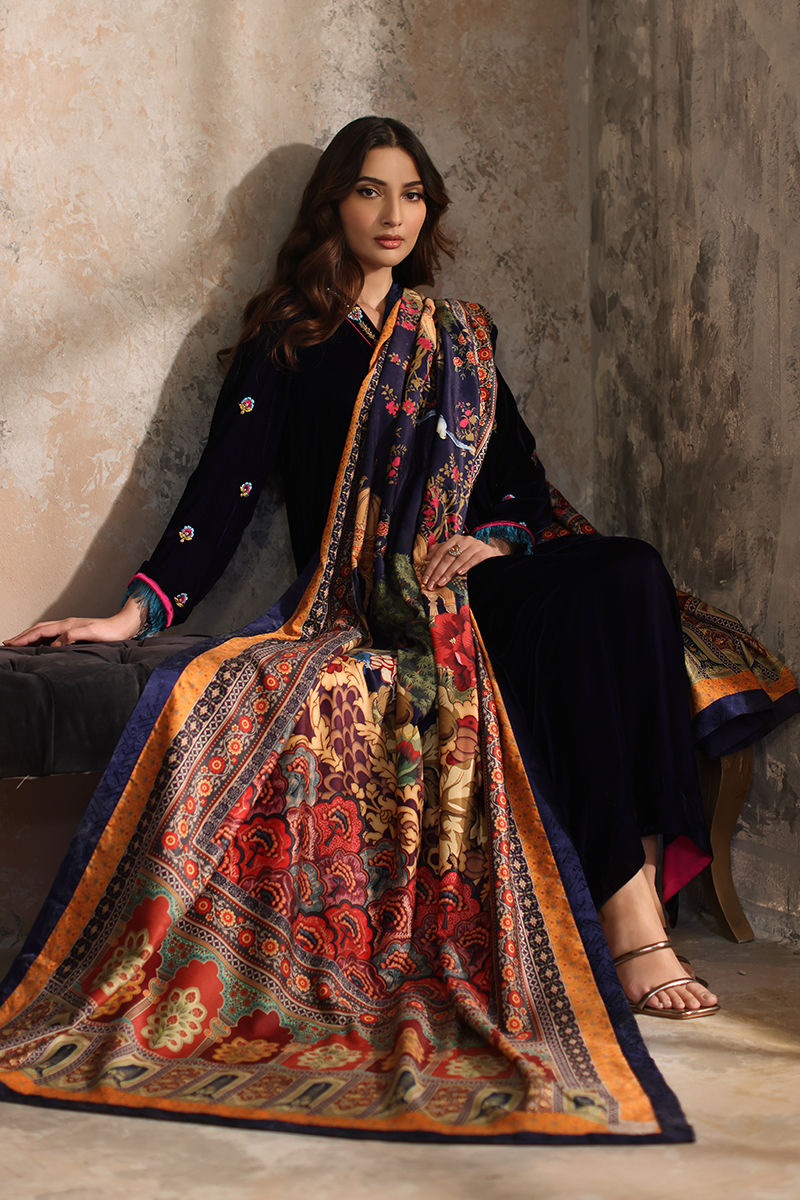 Navy Blue Embroidered Velvet Salwar Kameez (3-Piece) - Image 5