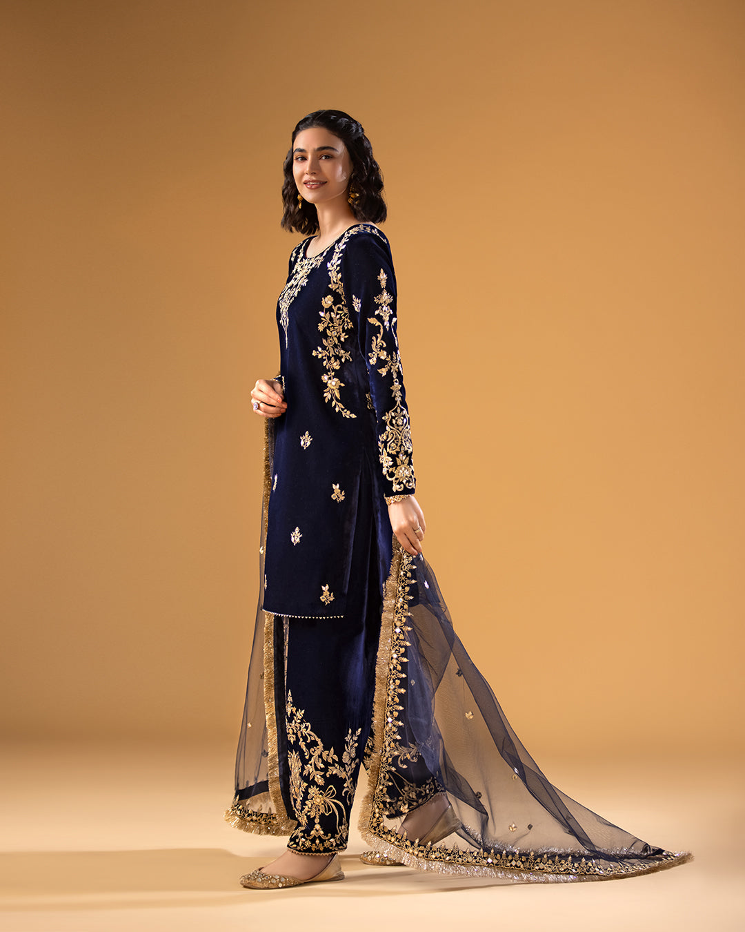 Navy Blue Embroidered Velvet Salwar Kameez (3-Piece) - Image 1