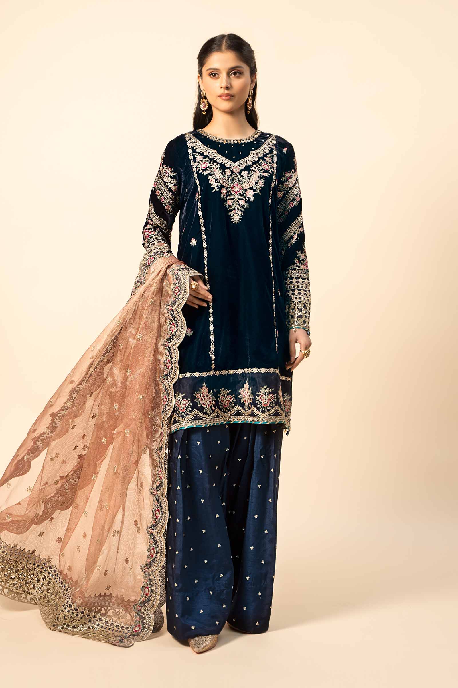 Pakistani Navy Blue Embroidered Velvet & Raw Silk Salwar Kameez (3-Piece) - Image 2