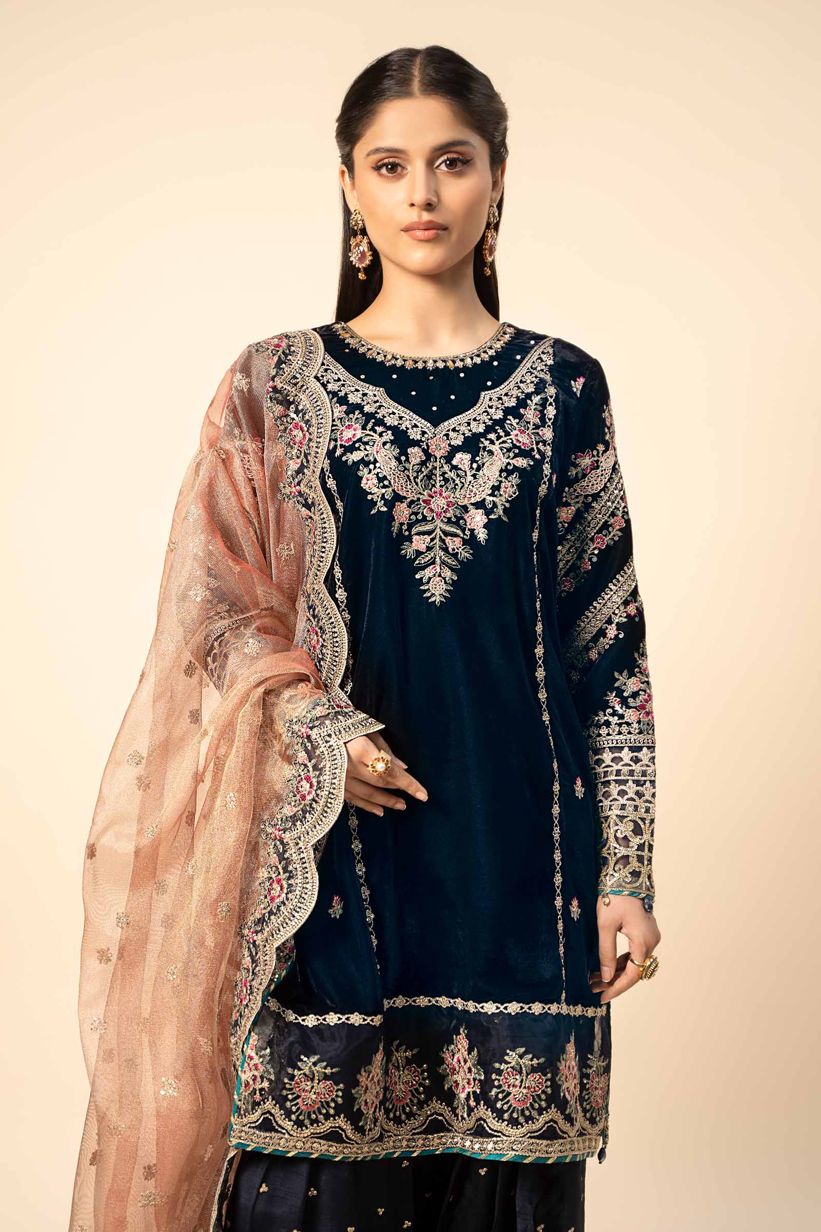 Pakistani Navy Blue Embroidered Velvet & Raw Silk Salwar Kameez (3-Piece) - Image 4