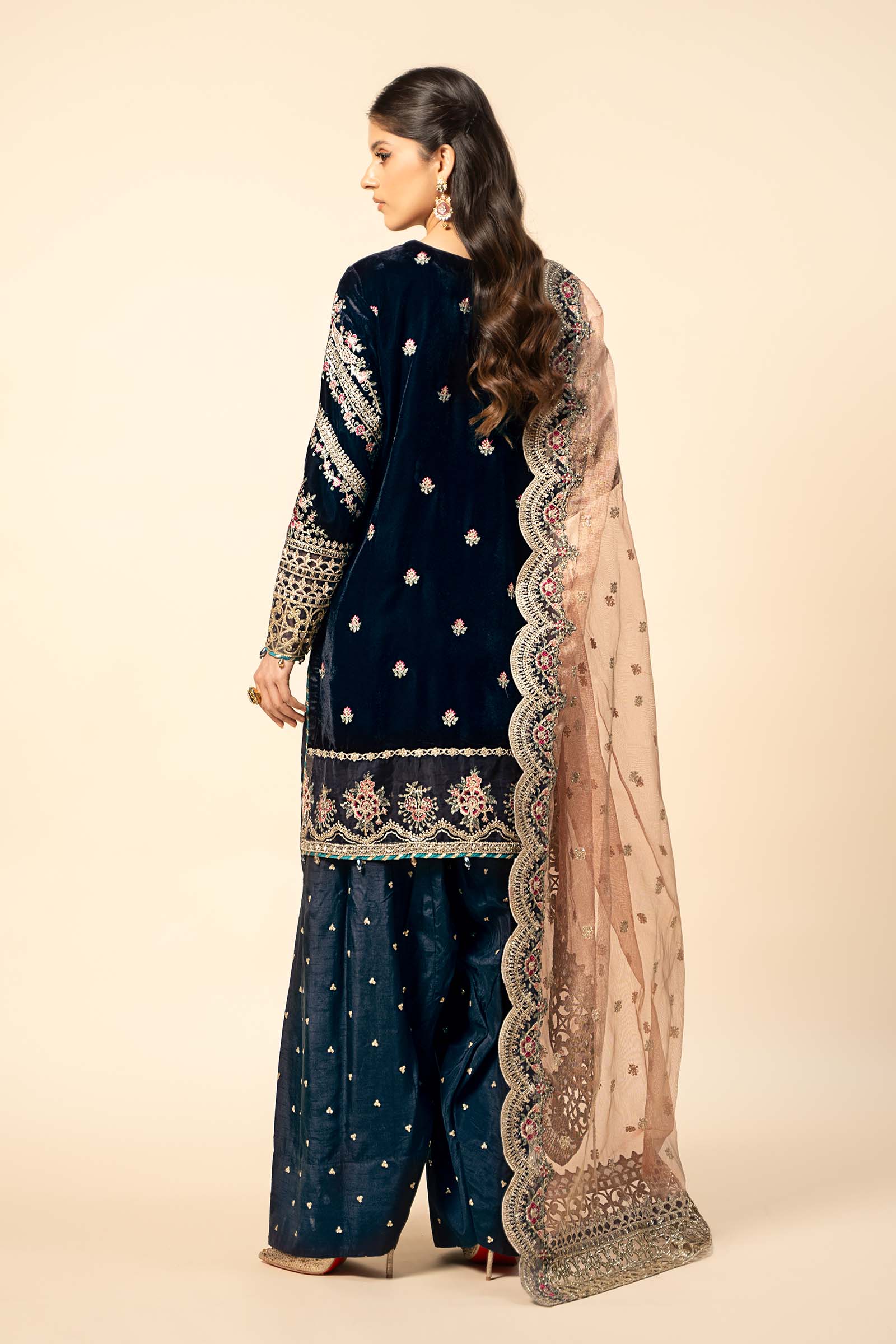 Pakistani Navy Blue Embroidered Velvet & Raw Silk Salwar Kameez (3-Piece) - Image 7