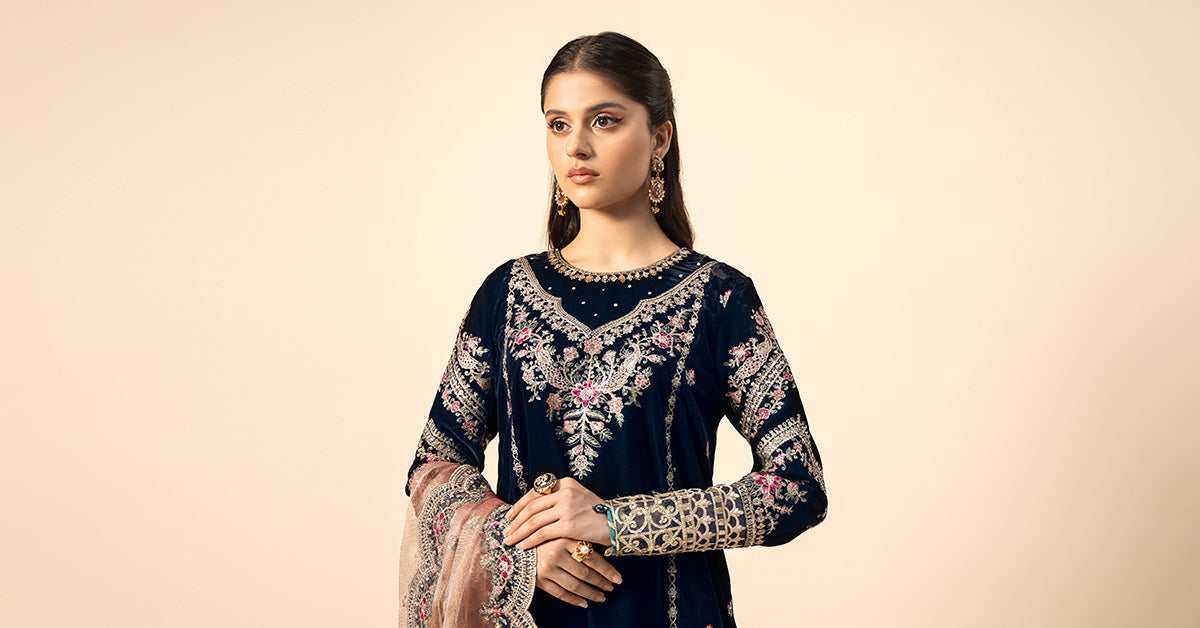 Pakistani Navy Blue Embroidered Velvet & Raw Silk Salwar Kameez (3-Piece) - Image 8