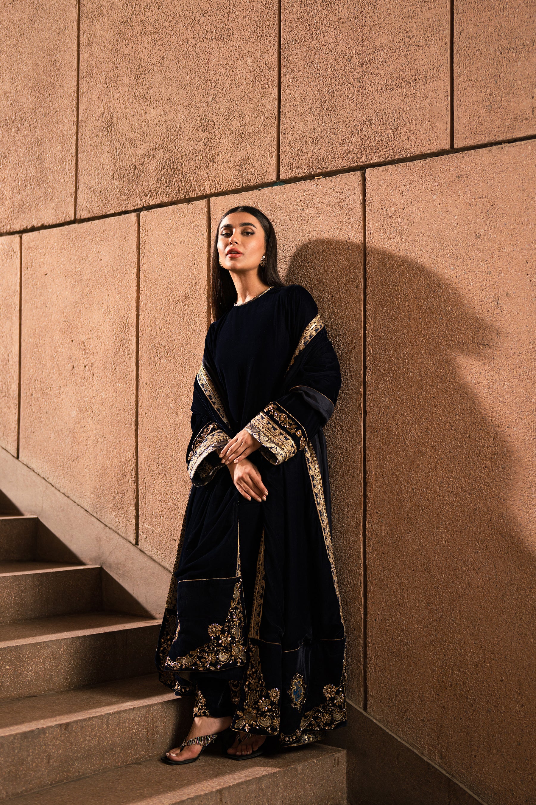 Navy Blue Zardozi Velvet Salwar Kameez (3-Piece) - Image 2