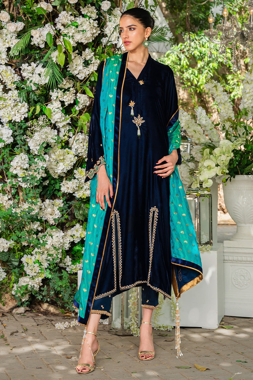 Deep Navy Embroidered Velvet Salwar Kameez (3-Piece) - Image 1