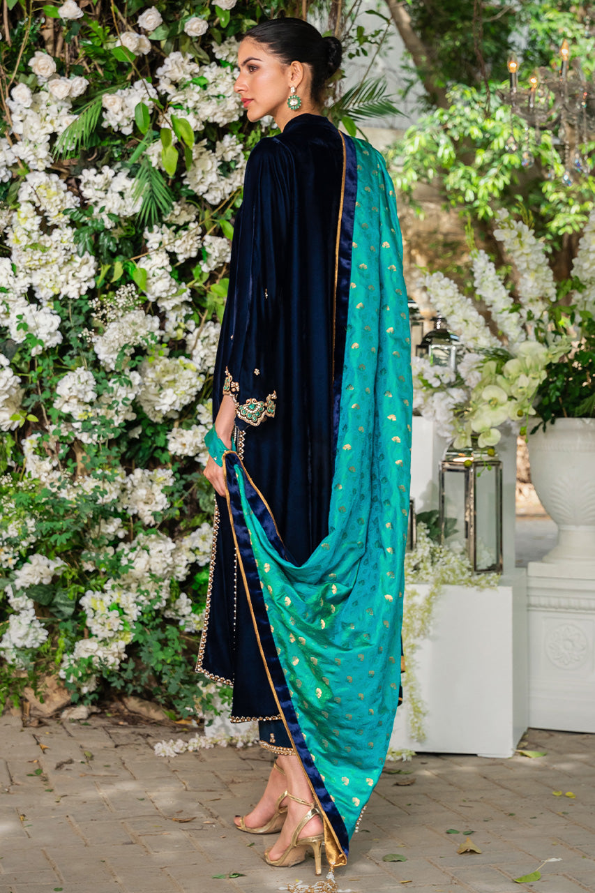 Deep Navy Embroidered Velvet Salwar Kameez (3-Piece) - Image 2