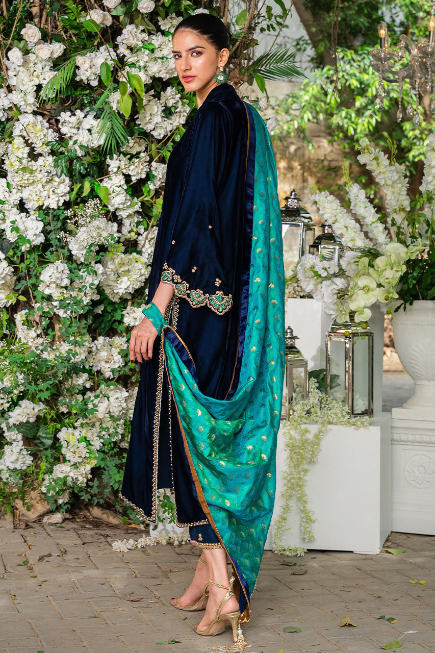 Deep Navy Embroidered Velvet Salwar Kameez (3-Piece) - Image 3