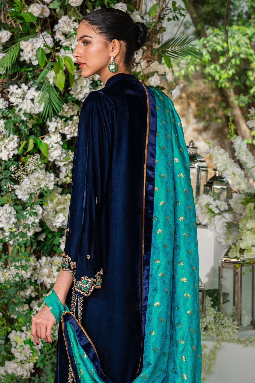 Deep Navy Embroidered Velvet Salwar Kameez (3-Piece) - Image 4