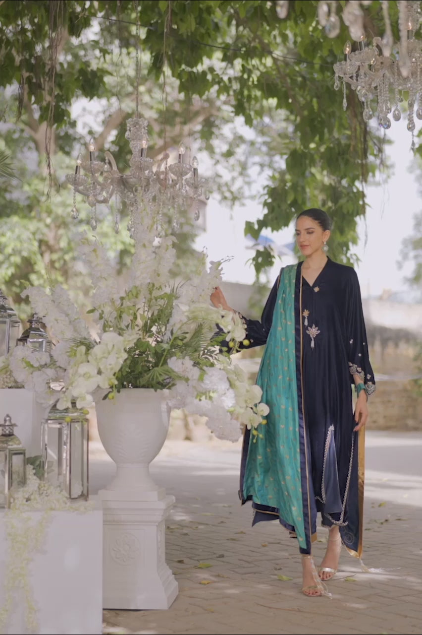 Deep Navy Embroidered Velvet Salwar Kameez (3-Piece) - Image 5