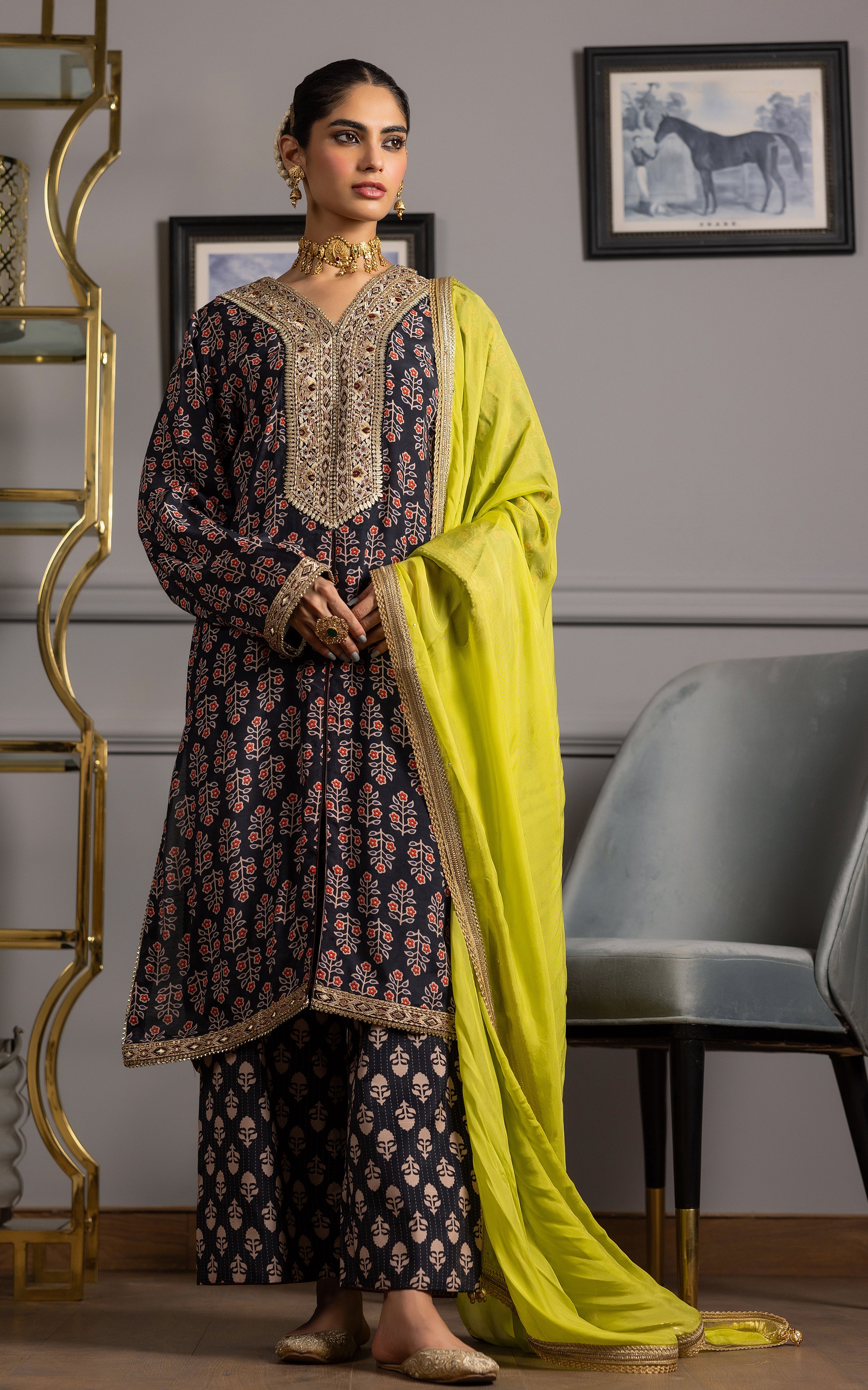 Pakistani Navy Embroidered Viscose Silk Salwar Kameez (3-Piece) - Image 1