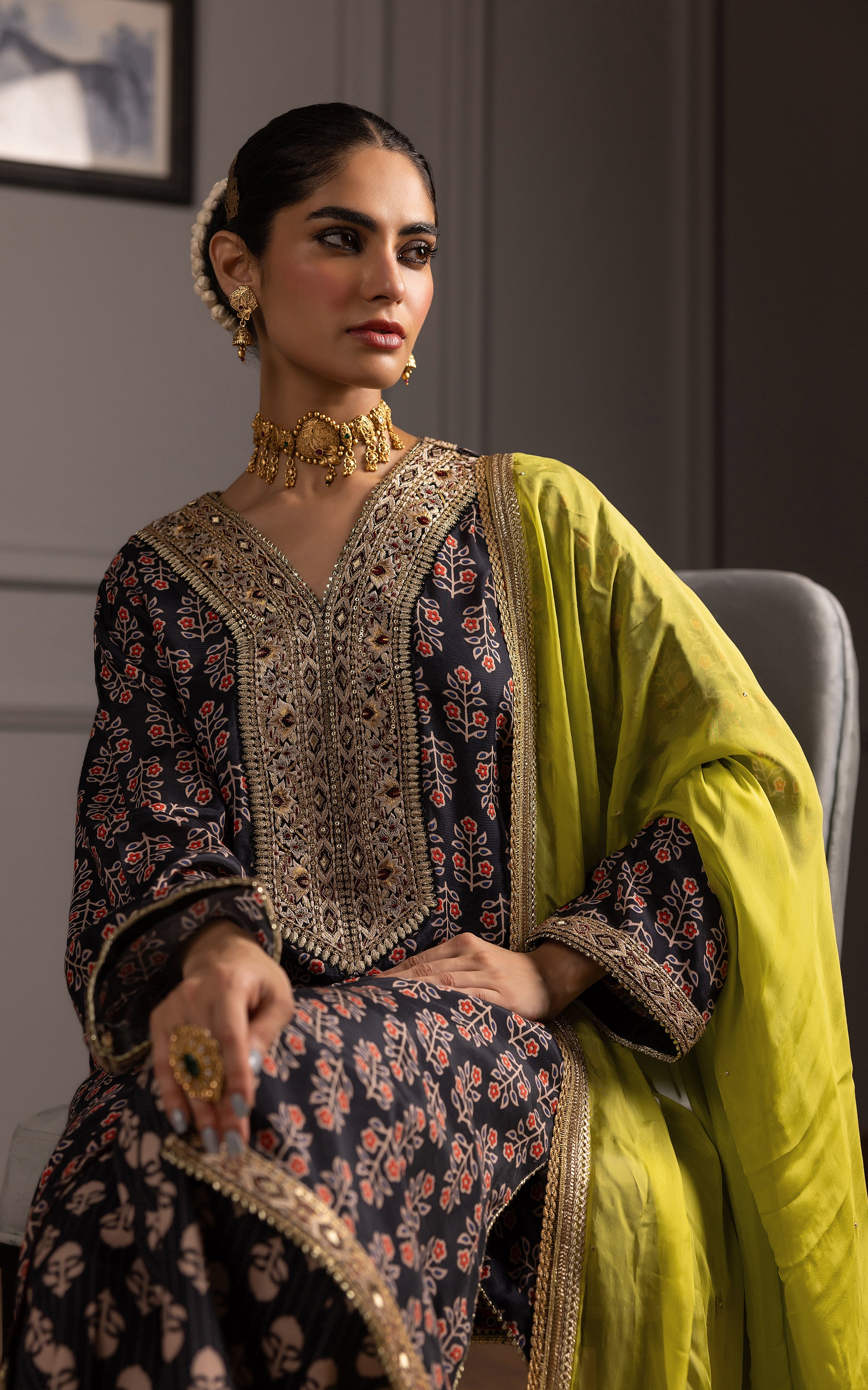 Pakistani Navy Embroidered Viscose Silk Salwar Kameez (3-Piece) - Image 3