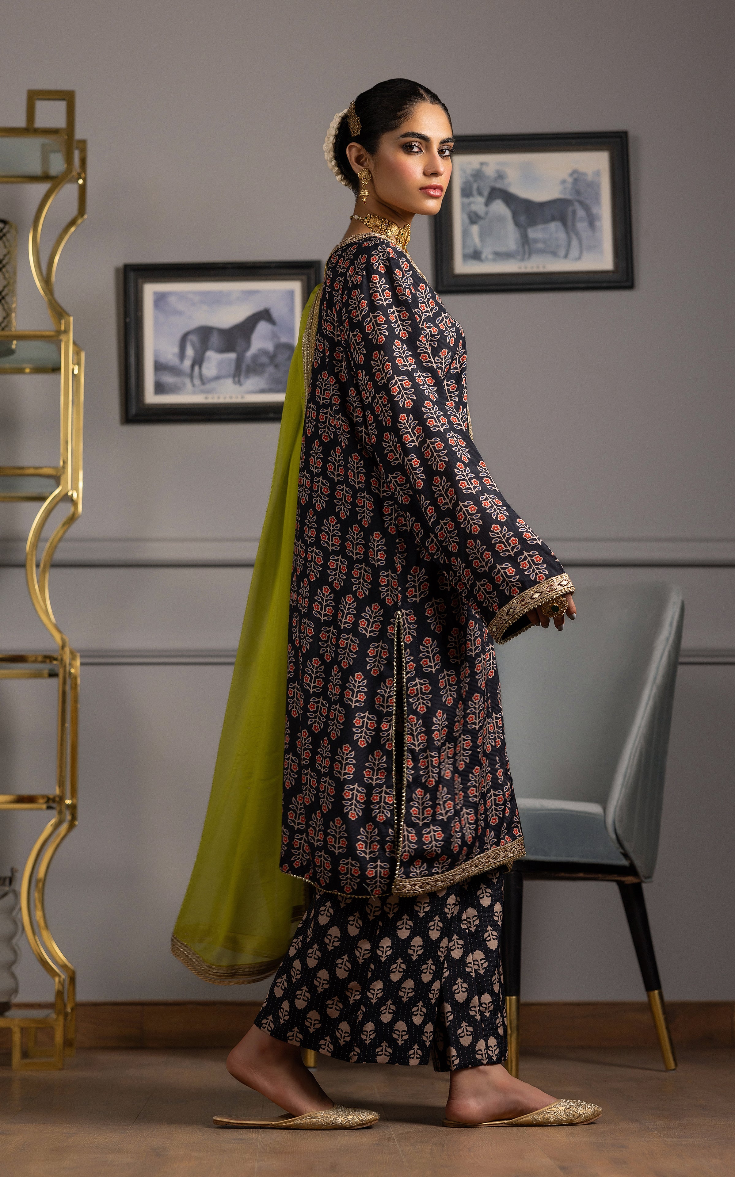 Pakistani Navy Embroidered Viscose Silk Salwar Kameez (3-Piece) - Image 4