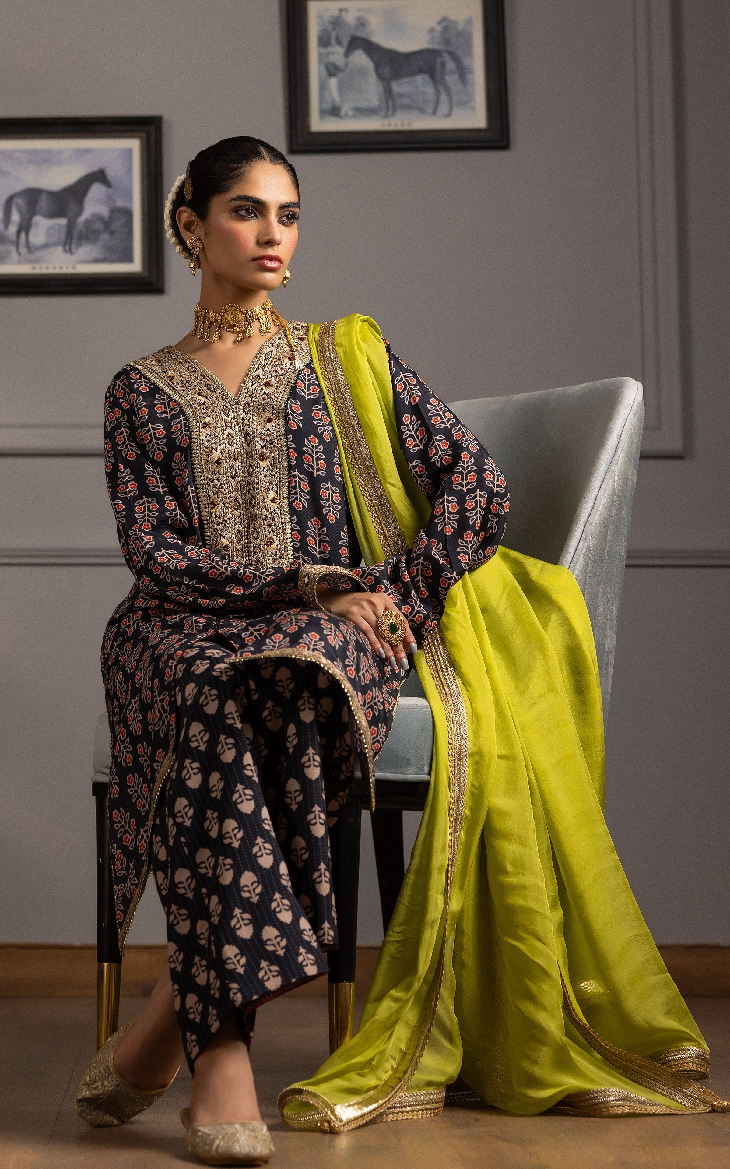 Pakistani Navy Embroidered Viscose Silk Salwar Kameez (3-Piece) - Image 5