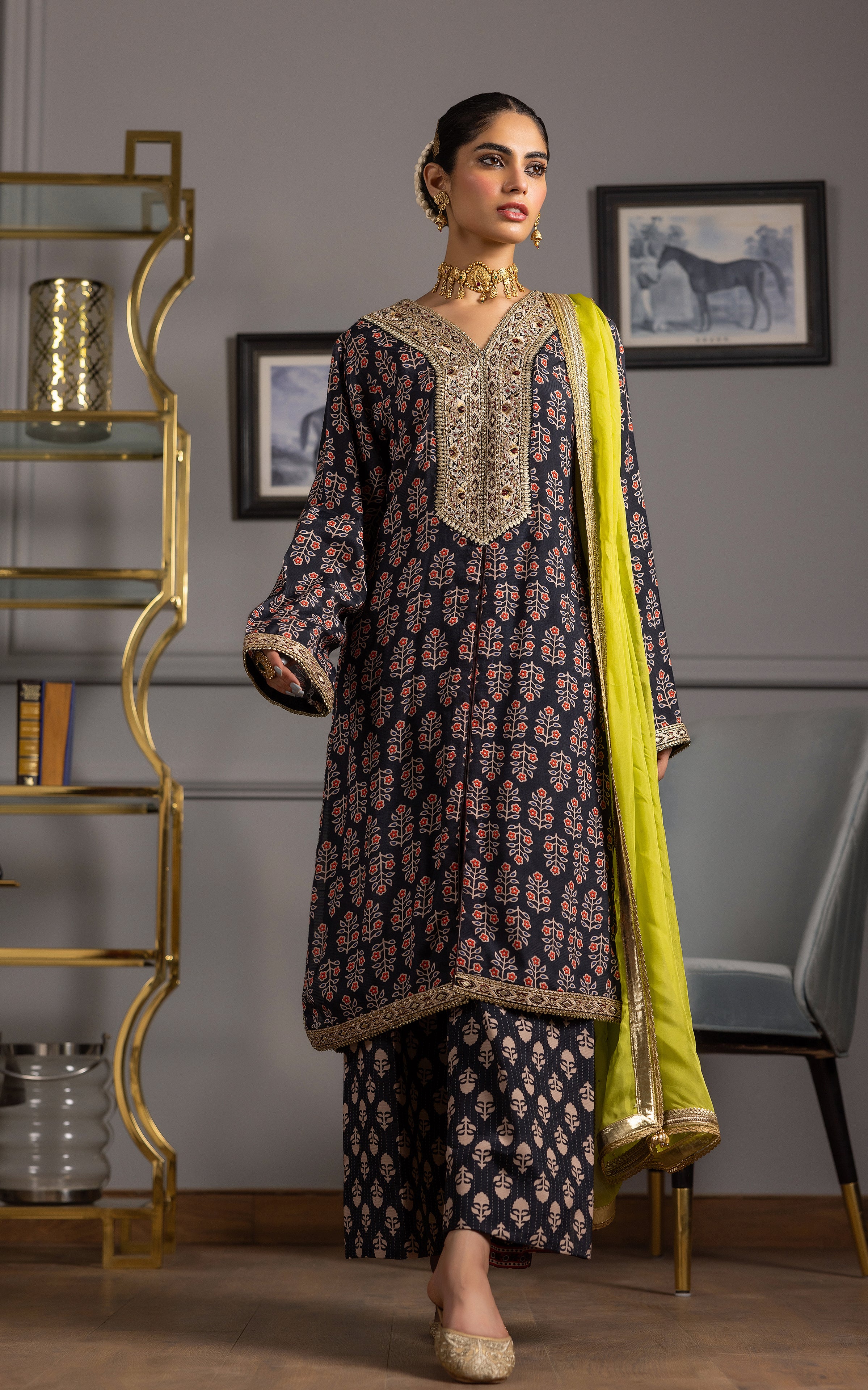 Pakistani Navy Embroidered Viscose Silk Salwar Kameez (3-Piece) - Image 6