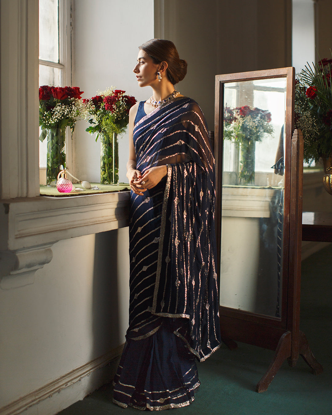 Navy Blue Mukaish Chiffon Saree (2-Piece) - Image 1