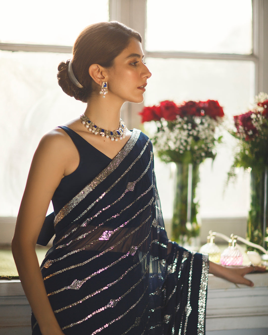 Navy Blue Mukaish Chiffon Saree (2-Piece) - Image 2