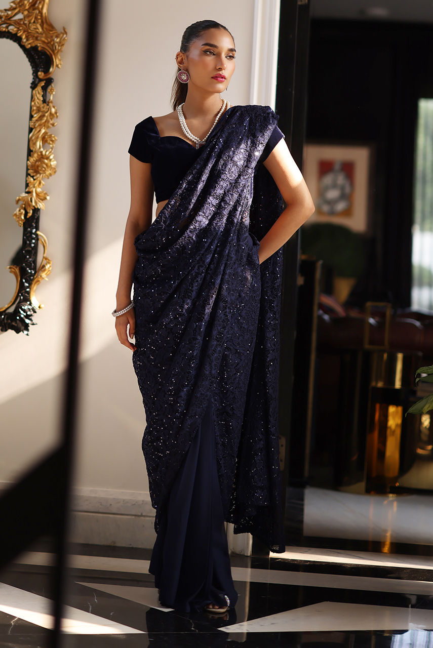 Navy Blue Sparkle Lace Chiffon Saree (2-Piece) - Image 1