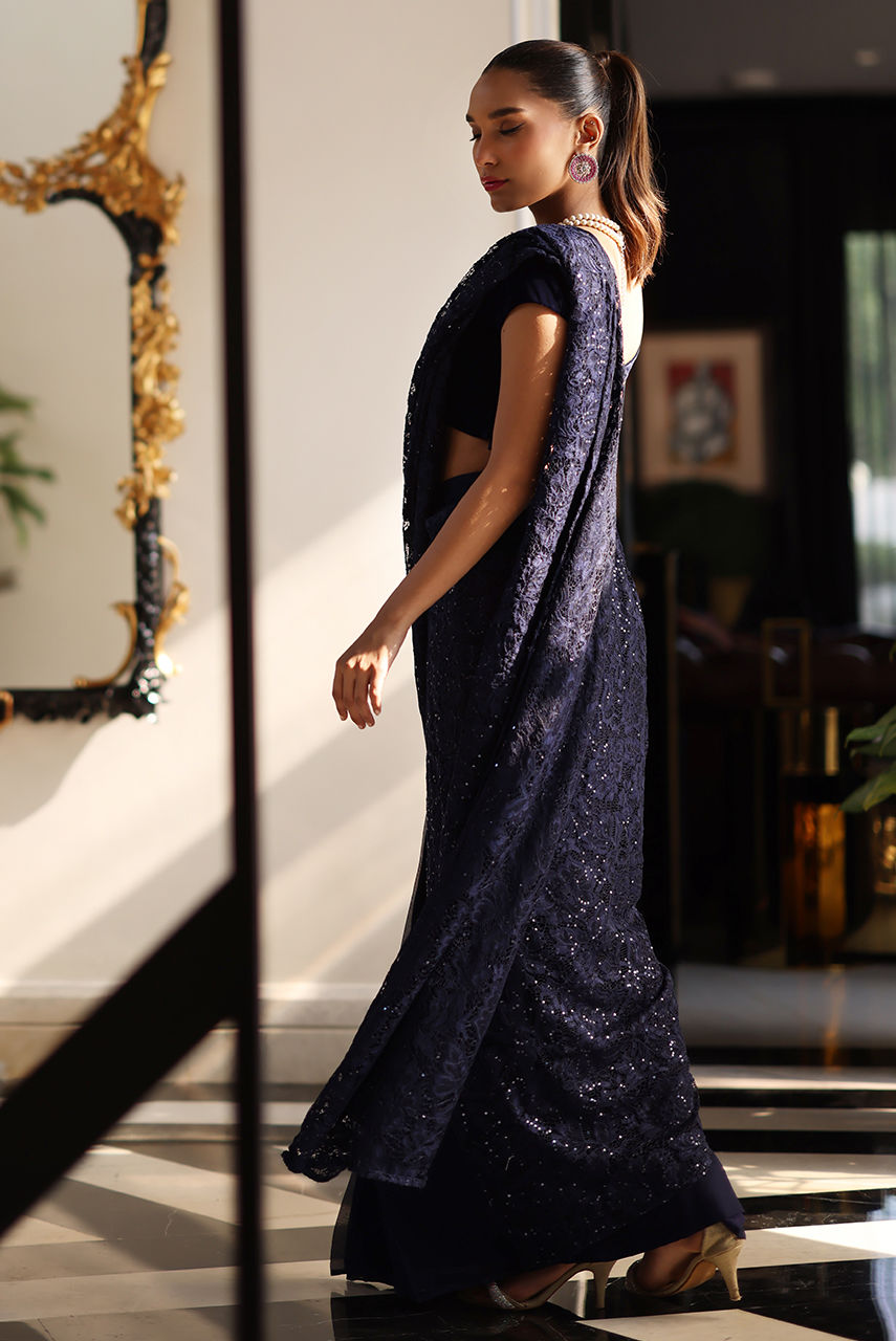 Navy Blue Sparkle Lace Chiffon Saree (2-Piece) - Image 3