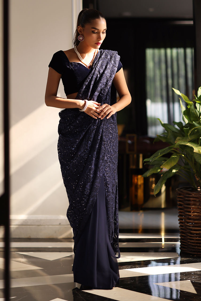 Navy Blue Sparkle Lace Chiffon Saree (2-Piece) - Image 4