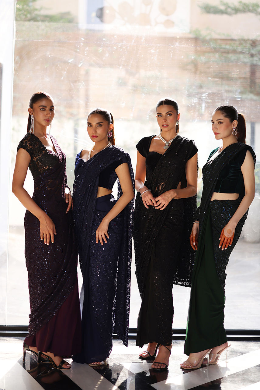 Navy Blue Sparkle Lace Chiffon Saree (2-Piece) - Image 5