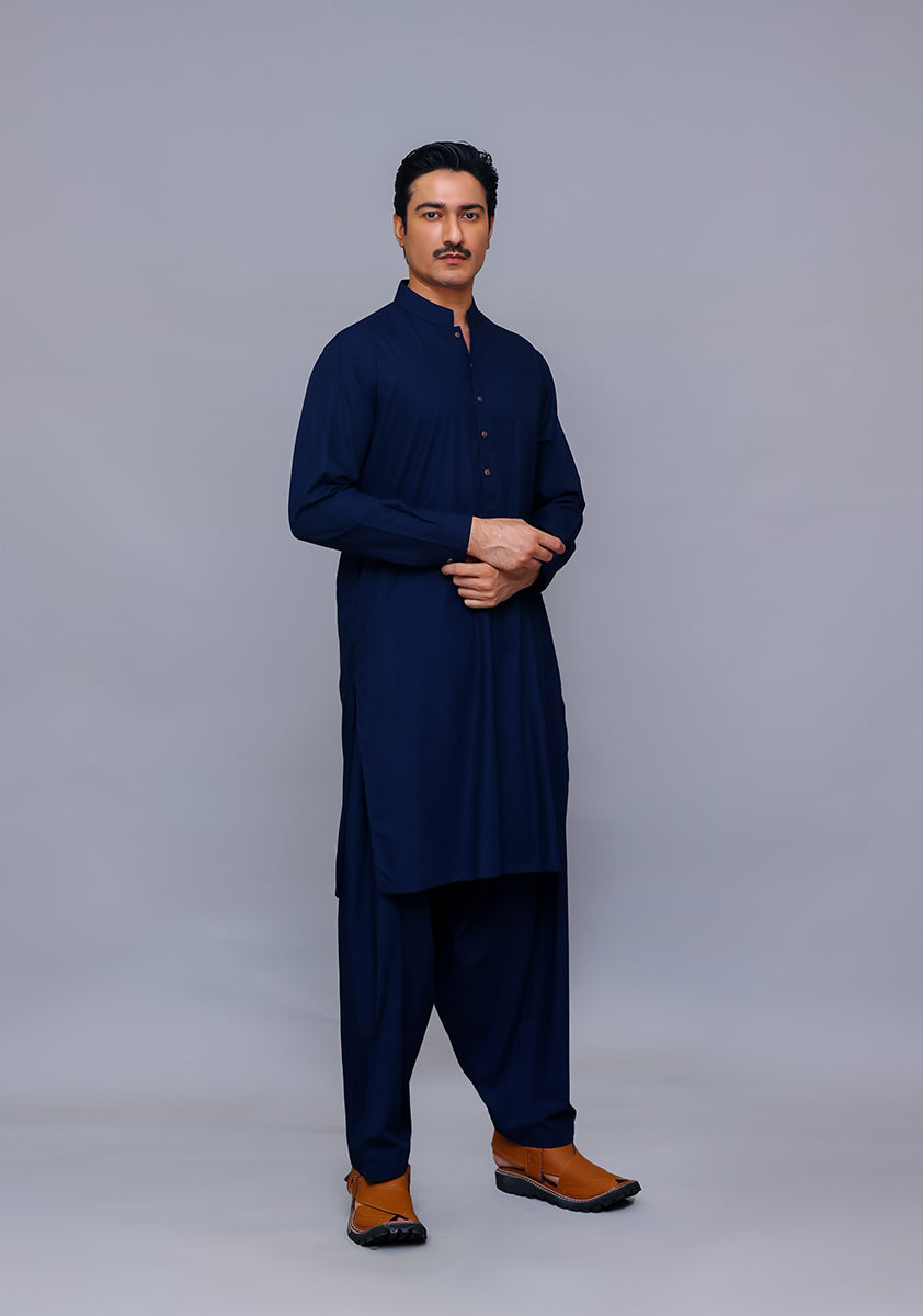 Navy Poly Viscose Classic Fit Shalwar Kameez (2-Piece) - Image 1