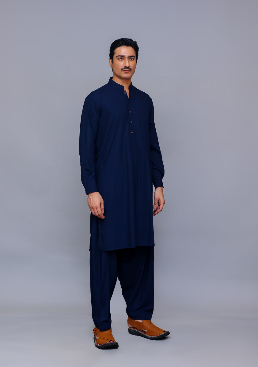 Navy Poly Viscose Classic Fit Shalwar Kameez (2-Piece) - Image 2