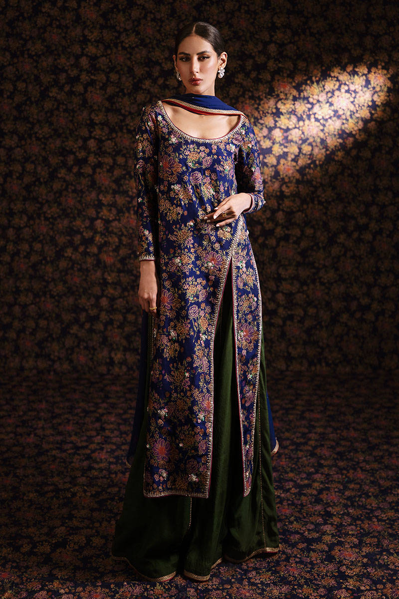 Pakistani Navy Printed Raw Silk Sharara Set (3-Piece) - Image 1