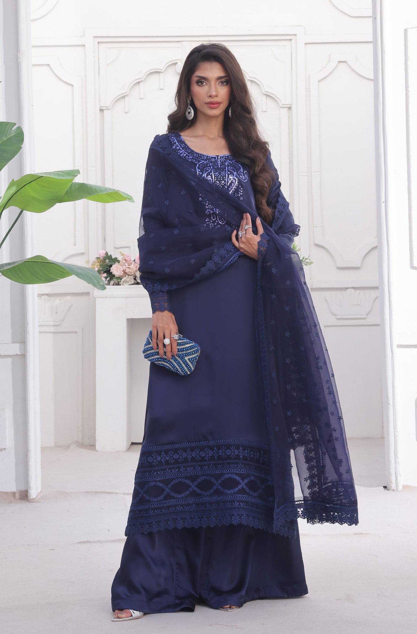 Navy Blue Embroidered Silk Sharara (3-Piece) - Image 1