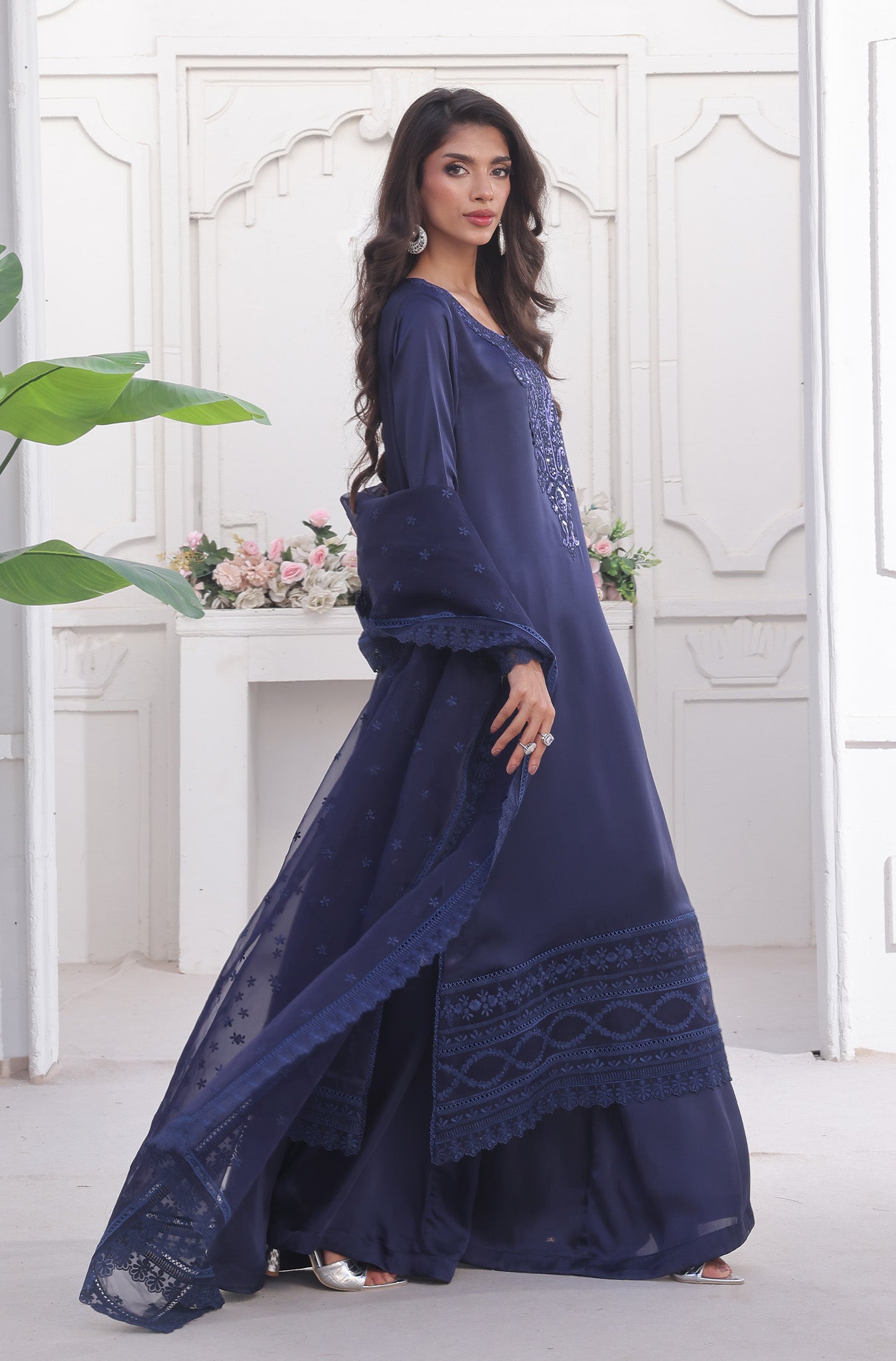 Navy Blue Embroidered Silk Sharara (3-Piece) - Image 10