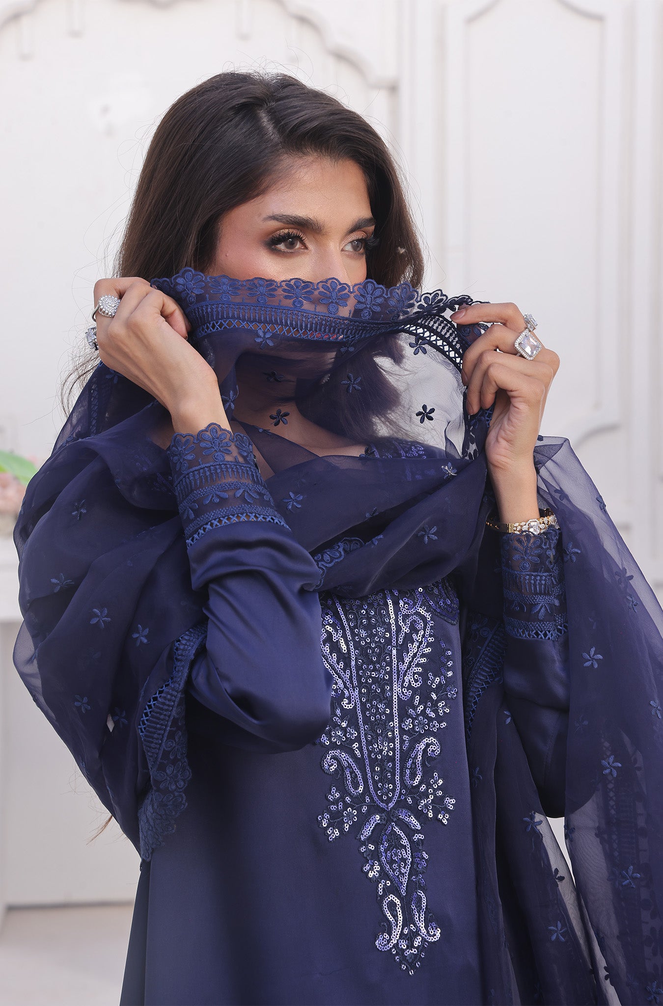 Navy Blue Embroidered Silk Sharara (3-Piece) - Image 11