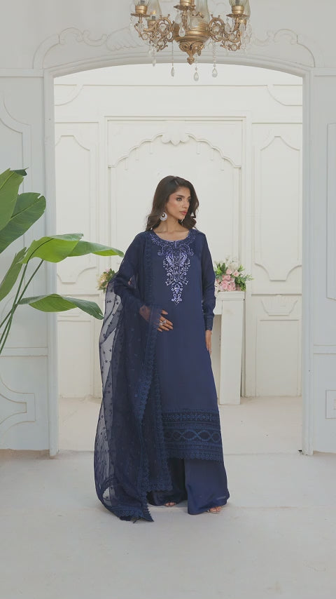 Navy Blue Embroidered Silk Sharara (3-Piece) - Image 2