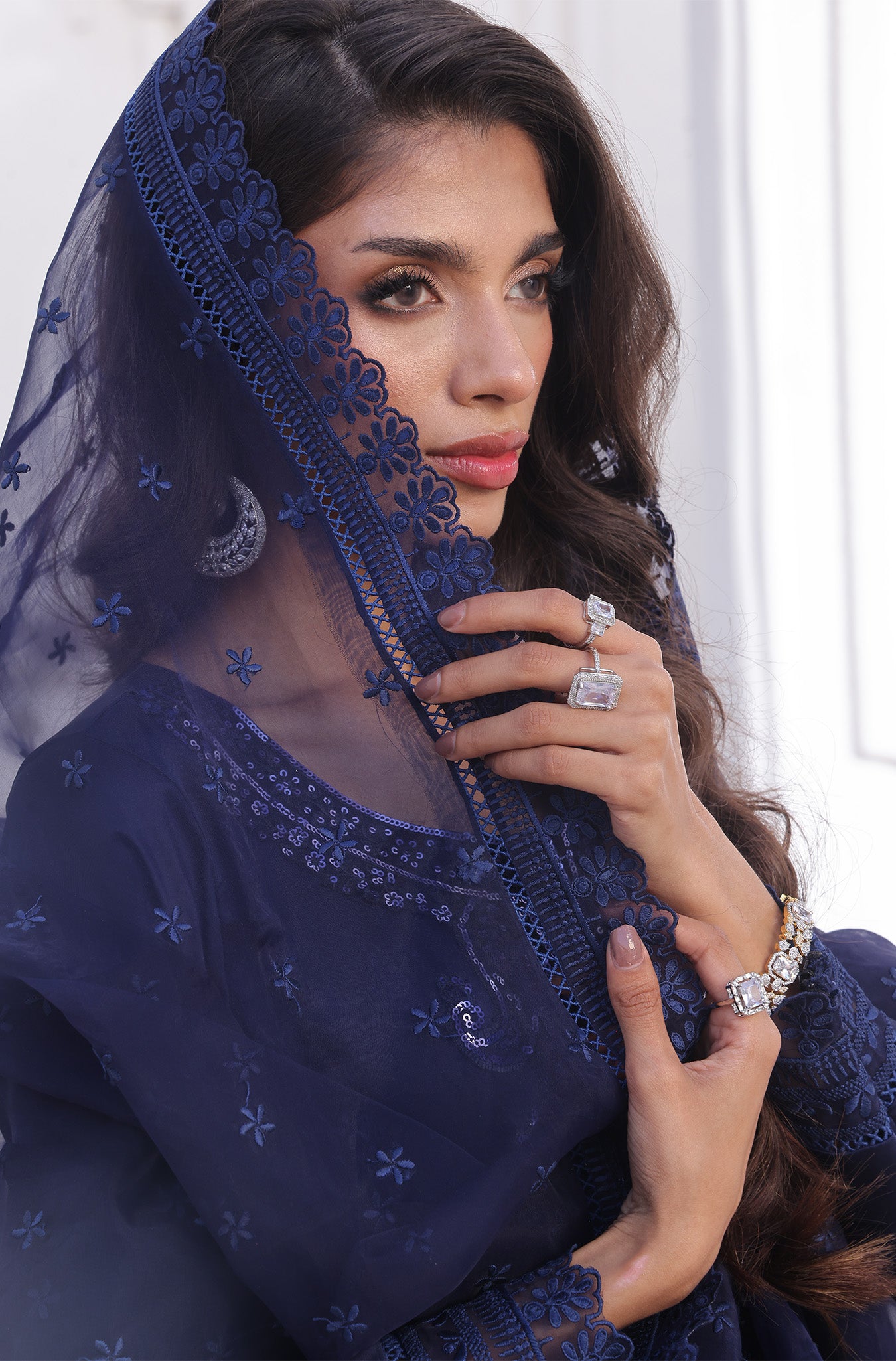 Navy Blue Embroidered Silk Sharara (3-Piece) - Image 3