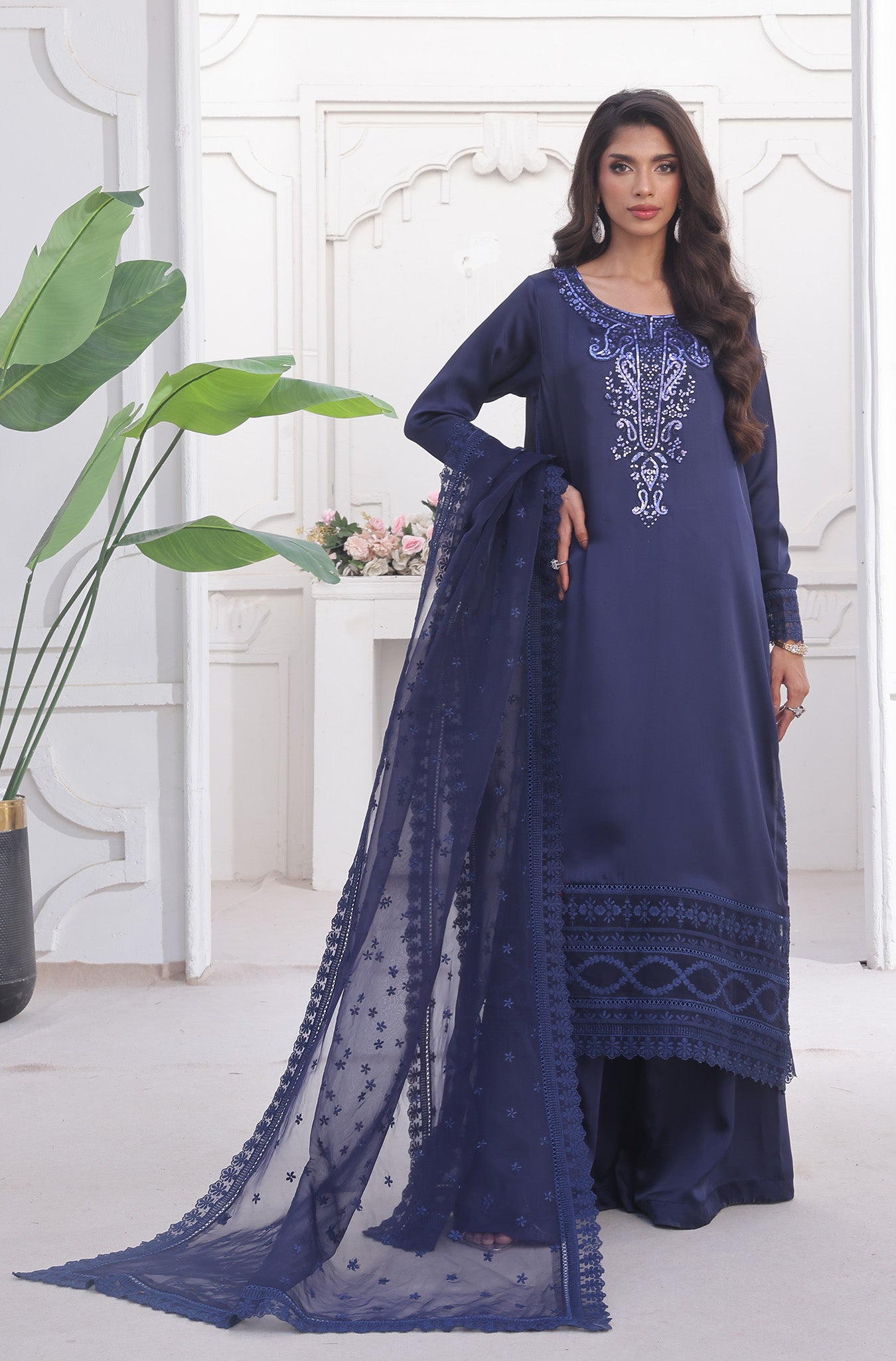 Navy Blue Embroidered Silk Sharara (3-Piece) - Image 4