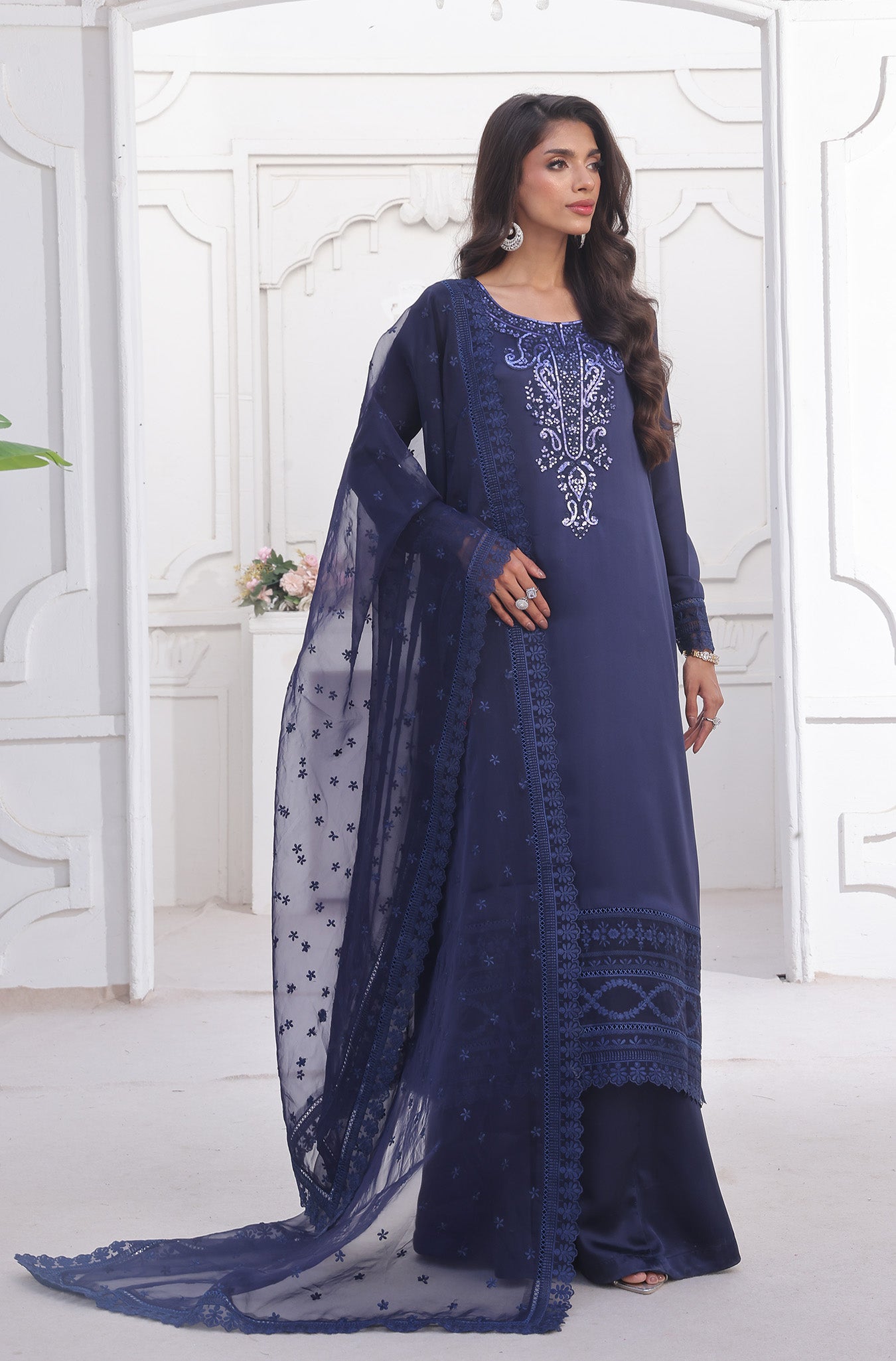 Navy Blue Embroidered Silk Sharara (3-Piece) - Image 8
