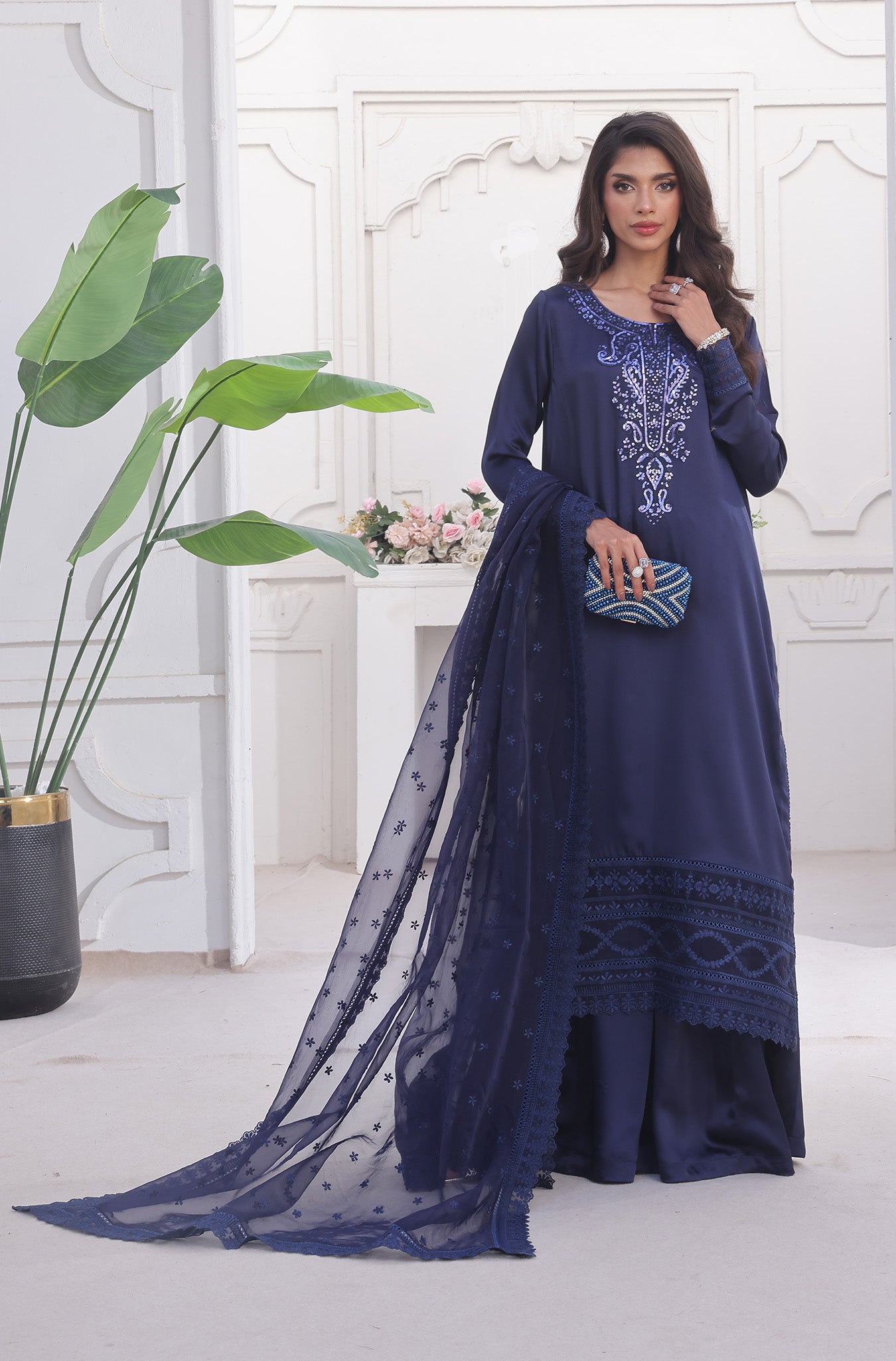 Navy Blue Embroidered Silk Sharara (3-Piece) - Image 9