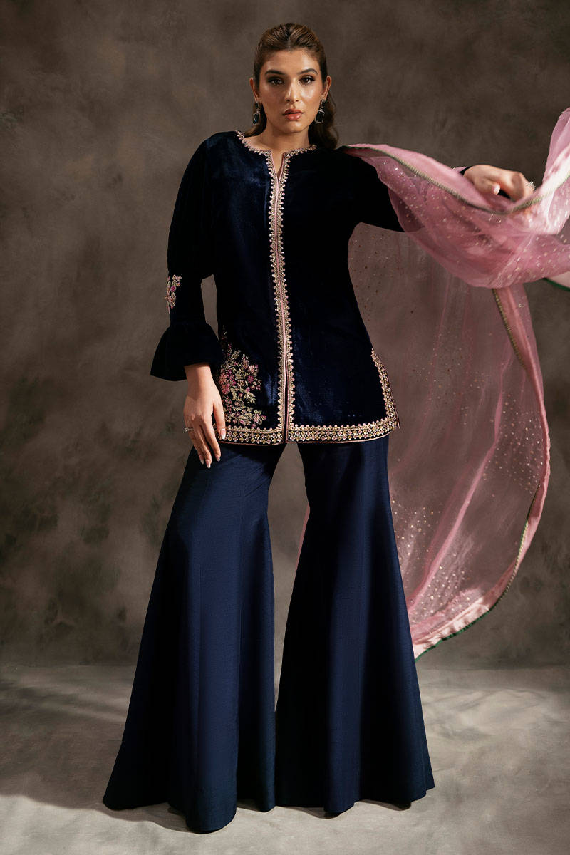 Navy Blue Embroidered Velvet Sharara Set (3-Piece) - Image 1