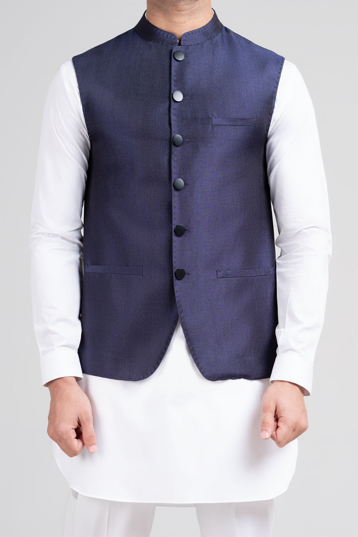 Navy Handloomed Fabric Waistcoat (1-Pc) - Image 2