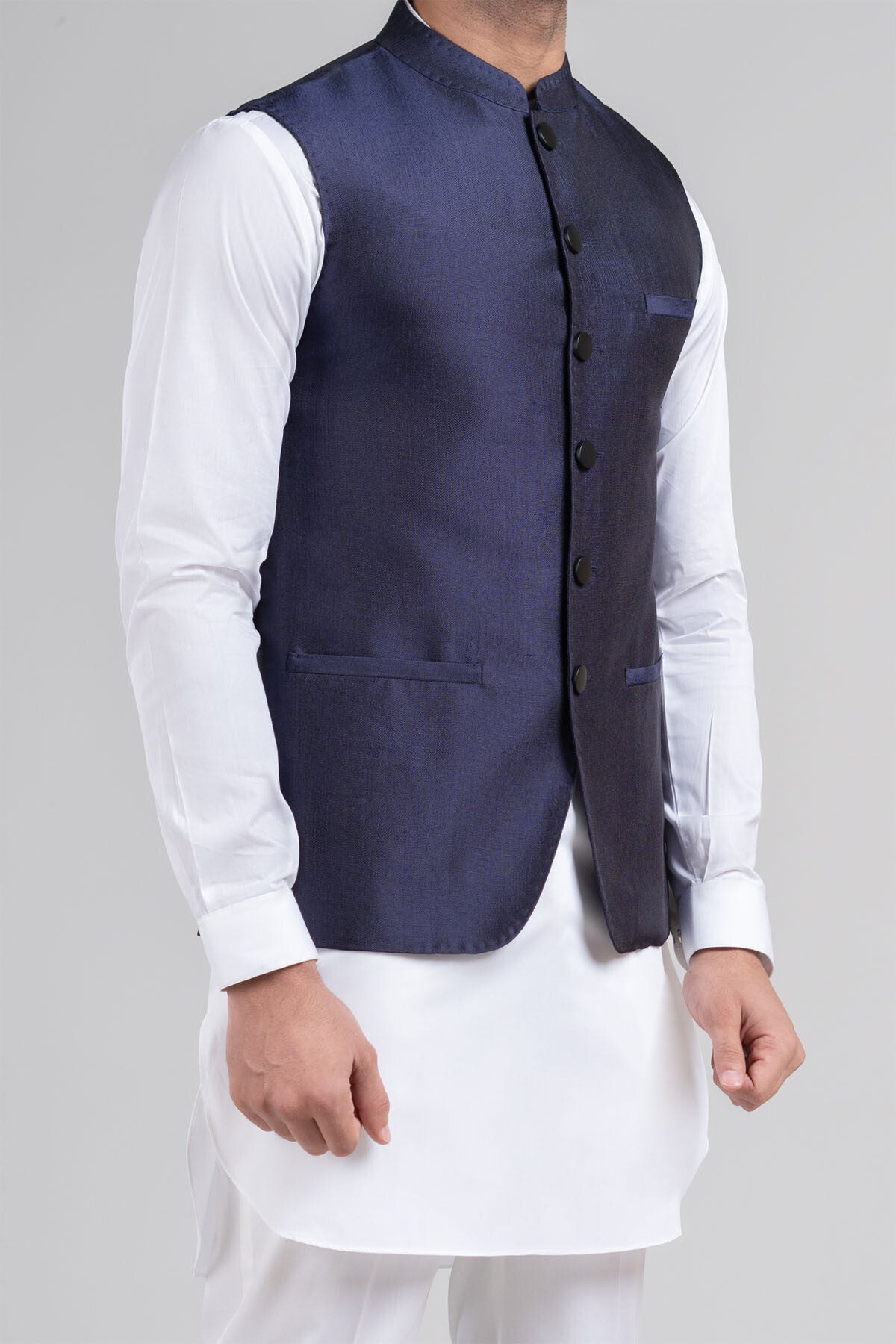 Navy Handloomed Fabric Waistcoat (1-Pc) - Image 3