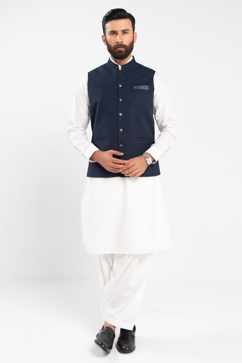 Navy Blue Blended Fabric Waistcoat Kurta Set (3-Piece) - Image 1