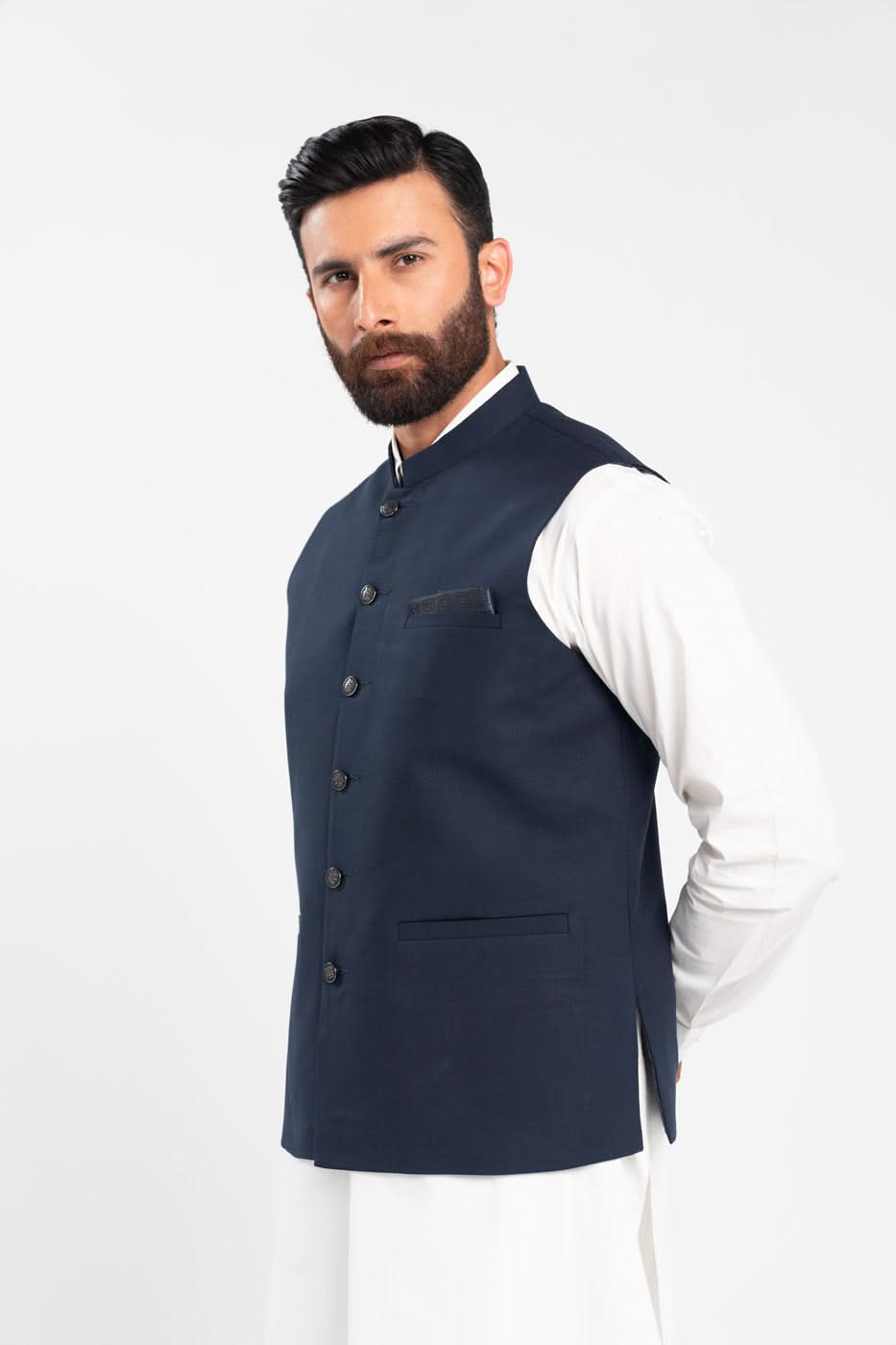 Navy Blue Blended Fabric Waistcoat Kurta Set (3-Piece) - Image 2