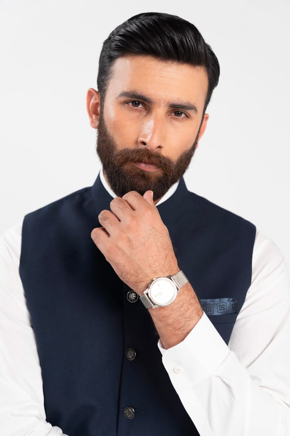 Navy Blue Blended Fabric Waistcoat Kurta Set (3-Piece) - Image 3