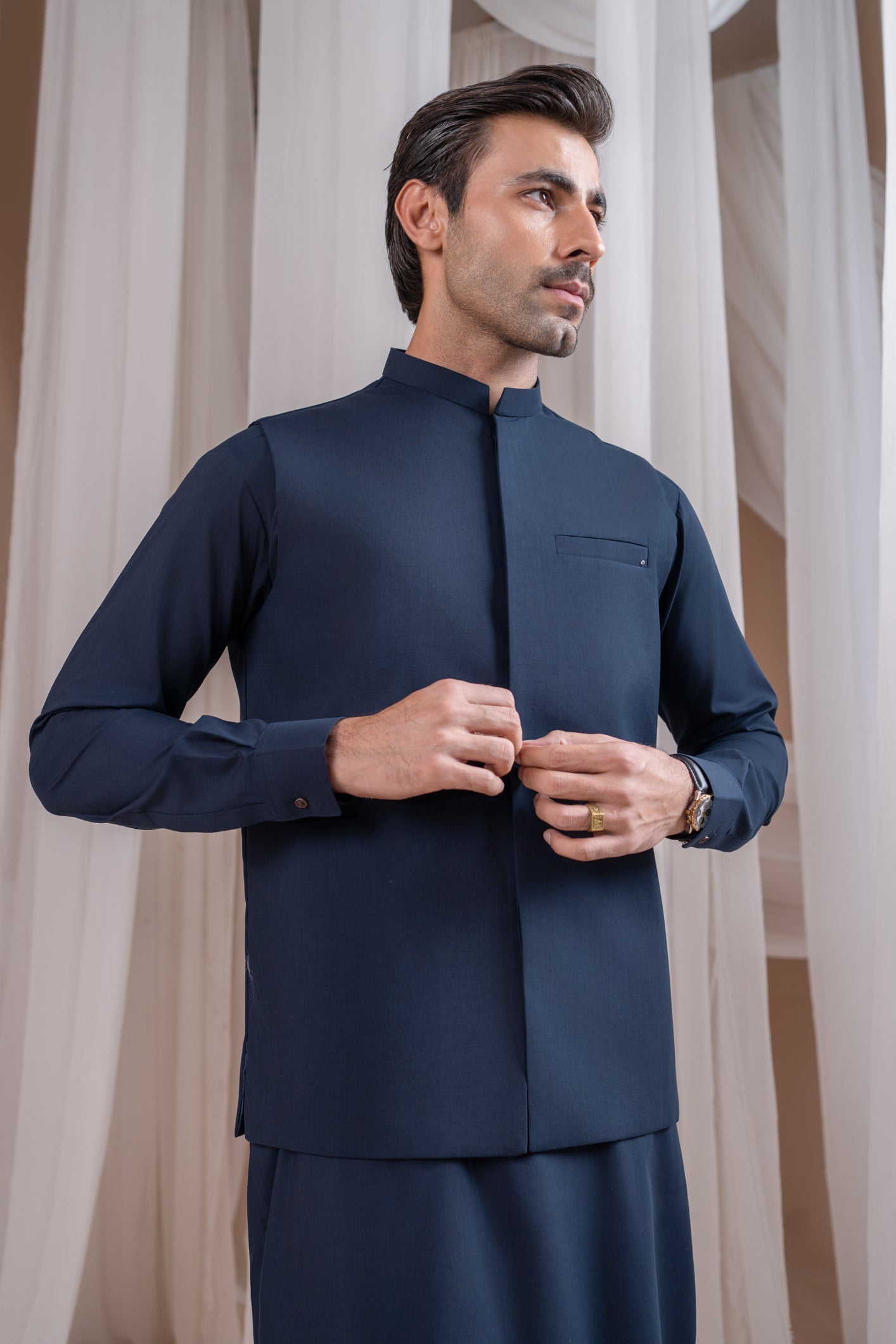 Navy Blue Luxury Blended Waistcoat Kurta (3-Piece) - Image 4