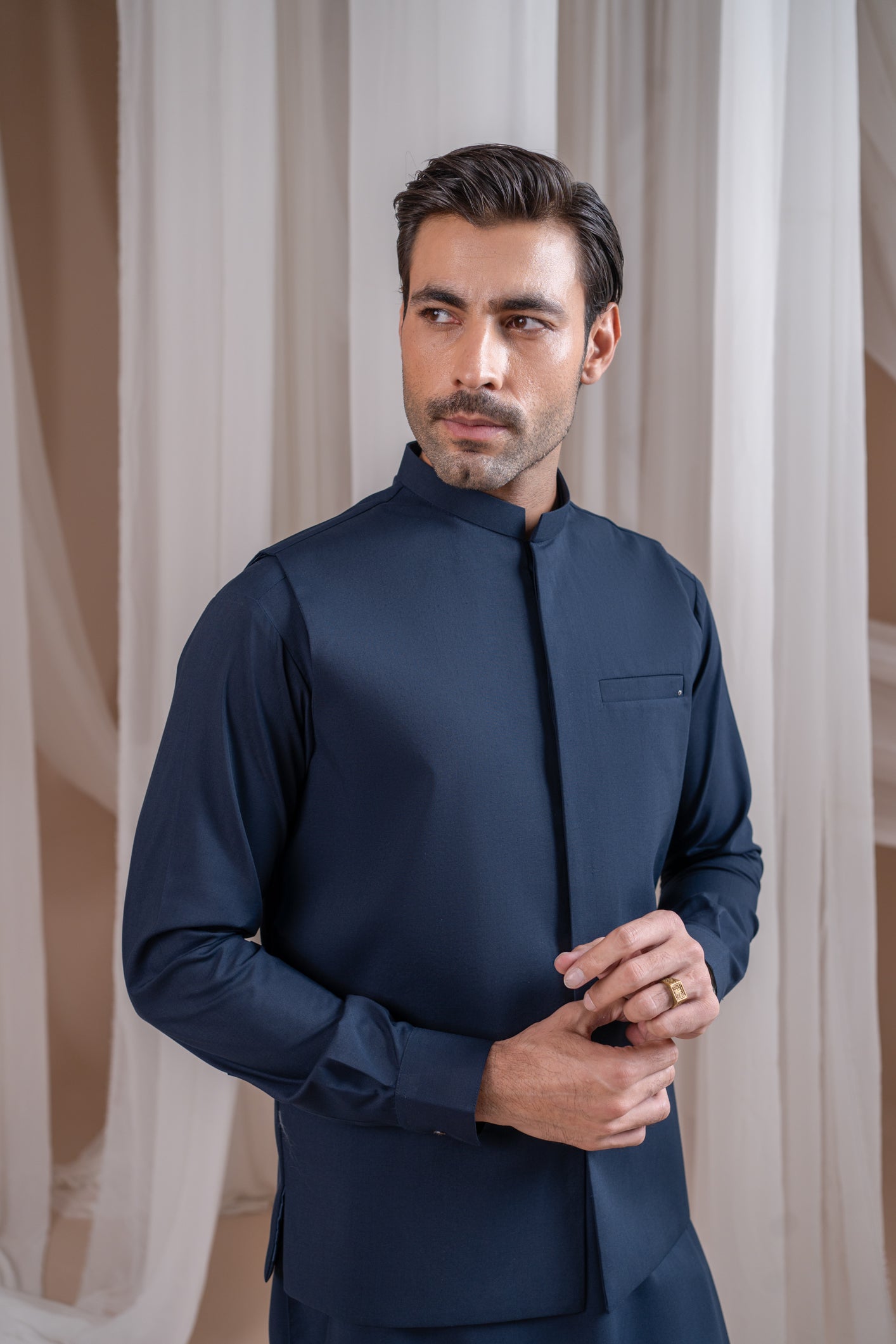 Navy Blue Luxury Blended Waistcoat Kurta (3-Piece) - Image 5